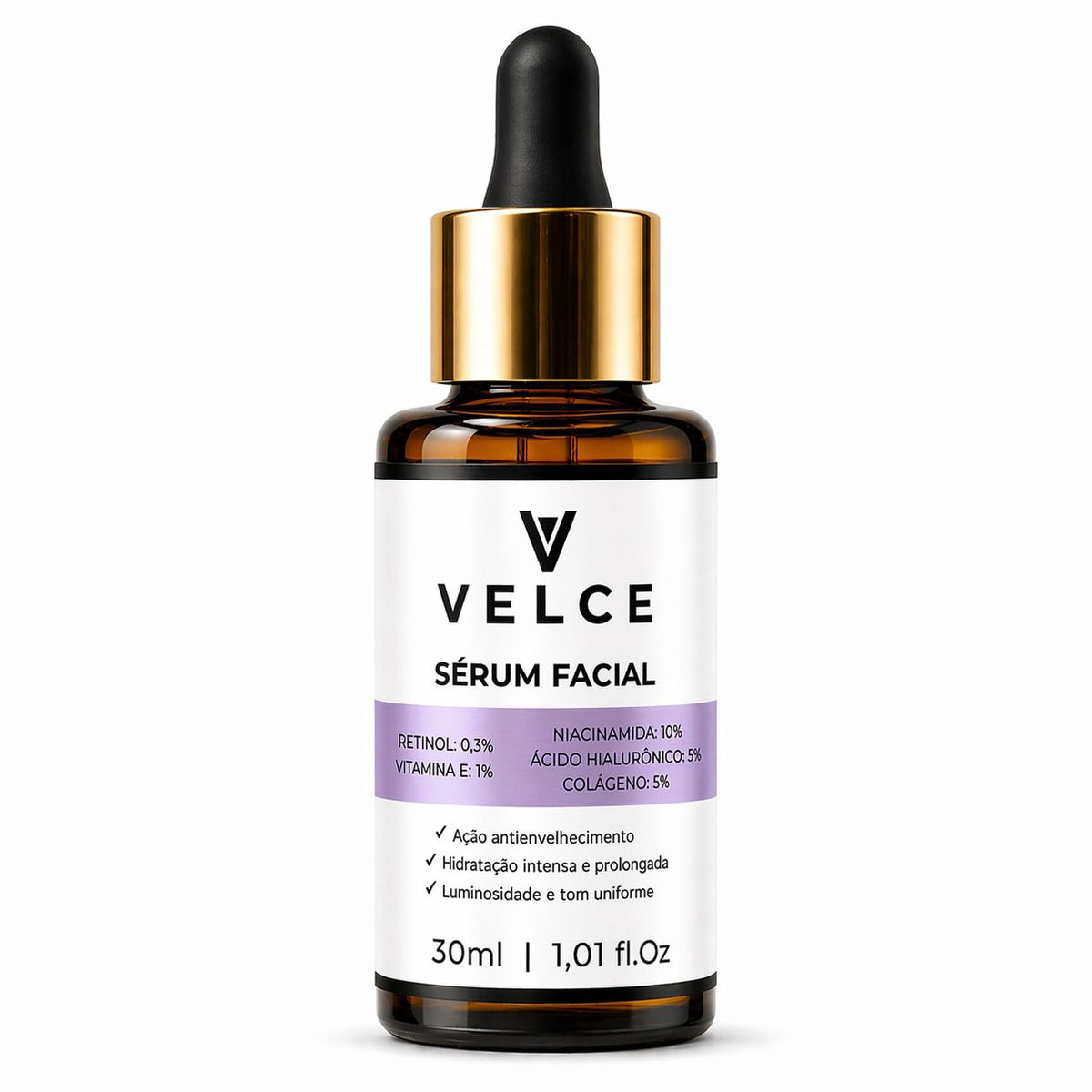 Sérum Facial Velce 5 em 1 – Retinol, Niacinamida, Hialurônico, Colágeno e Vitamina E