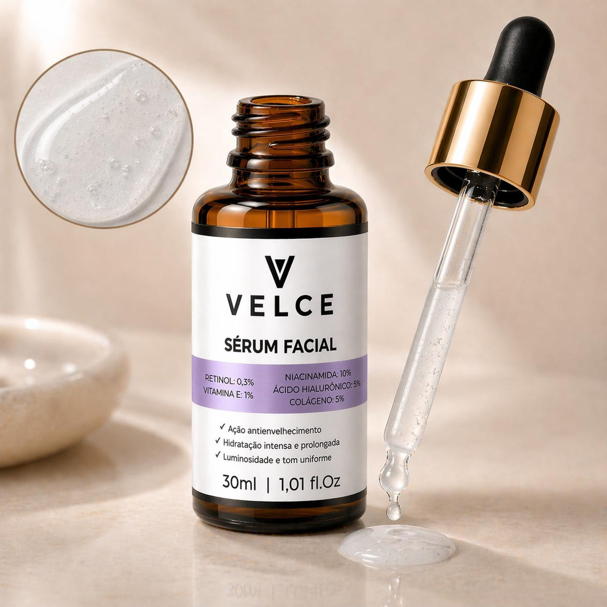 Sérum Facial Velce 5 em 1 – Retinol, Niacinamida, Hialurônico, Colágeno e Vitamina E