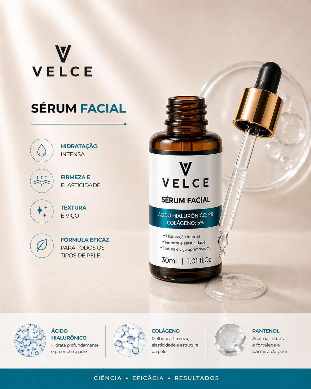 Sérum Facial Velce – Ácido Hialurônico 5% + Colágeno 5%